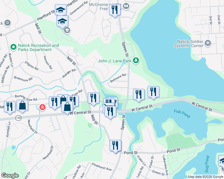 map of restaurants, bars, coffee shops, grocery stores, and more near 20 Edwards Road in Natick