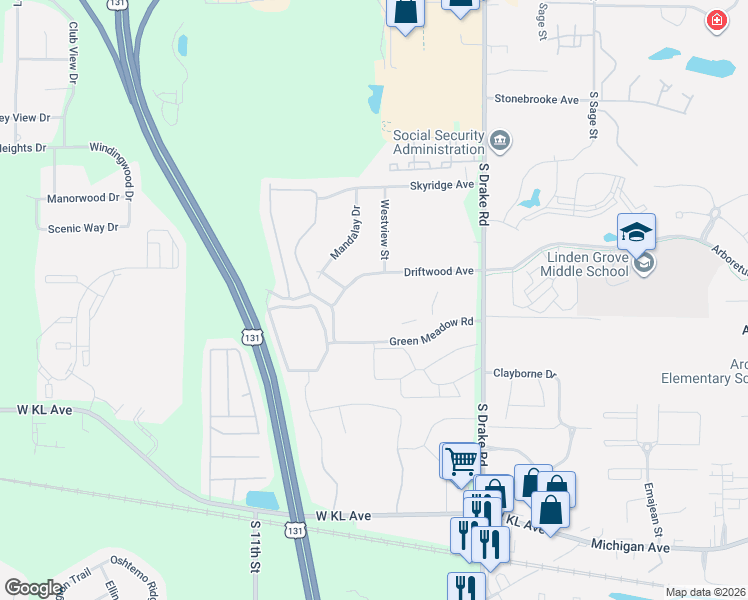 map of restaurants, bars, coffee shops, grocery stores, and more near 5244 Green Meadow Road in Kalamazoo
