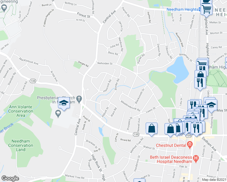 map of restaurants, bars, coffee shops, grocery stores, and more near 34 Border Road in Needham