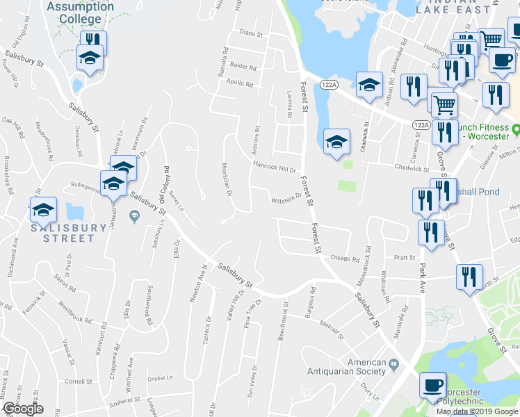 map of restaurants, bars, coffee shops, grocery stores, and more near 44 Ardmore Road in Worcester