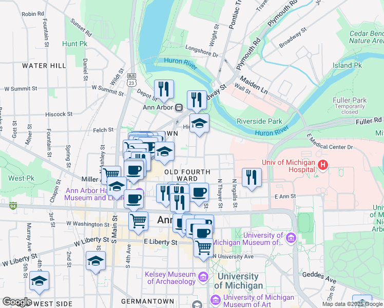 map of restaurants, bars, coffee shops, grocery stores, and more near 507 East Kingsley Street in Ann Arbor