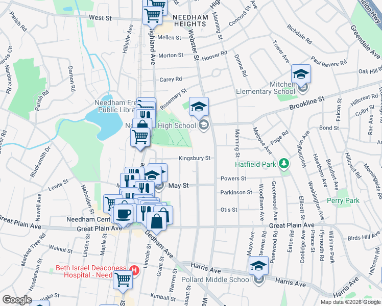 map of restaurants, bars, coffee shops, grocery stores, and more near 43 Kingsbury St in Needham