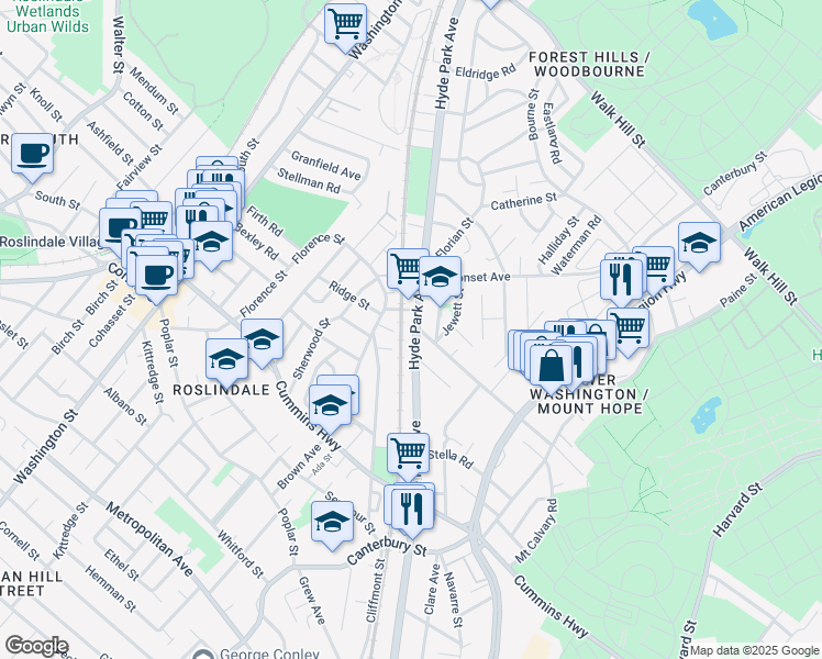 map of restaurants, bars, coffee shops, grocery stores, and more near 443 Hyde Park Avenue in Boston