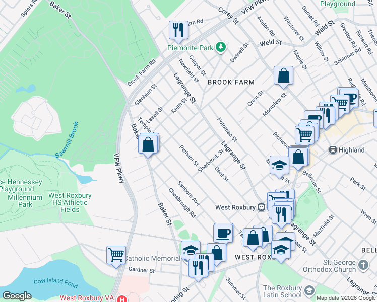 map of restaurants, bars, coffee shops, grocery stores, and more near 161 Perham Street in Boston