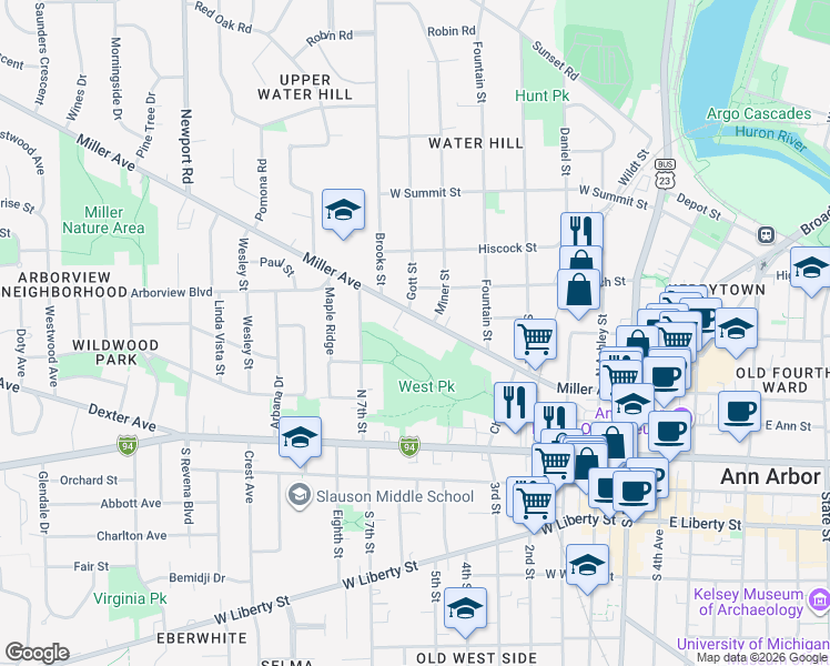 map of restaurants, bars, coffee shops, grocery stores, and more near 727 Miller Avenue in Ann Arbor