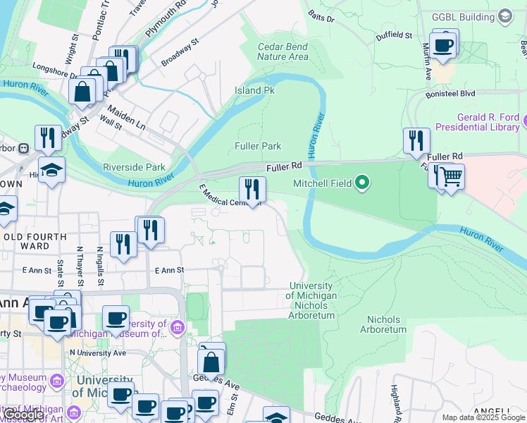 map of restaurants, bars, coffee shops, grocery stores, and more near 1500 East Medical Center Drive in Ann Arbor