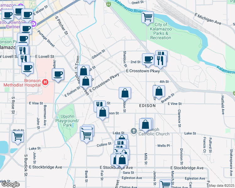 map of restaurants, bars, coffee shops, grocery stores, and more near 765 East Vine Street in Kalamazoo