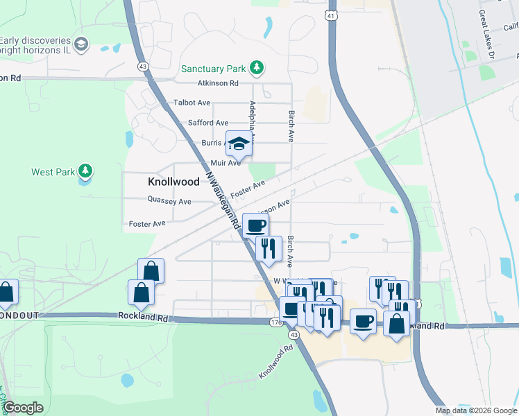 map of restaurants, bars, coffee shops, grocery stores, and more near 12722 Jenkisson Avenue in Lake Bluff