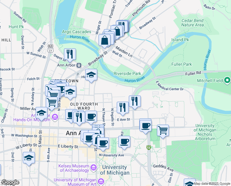 map of restaurants, bars, coffee shops, grocery stores, and more near 426 North Ingalls Street in Ann Arbor