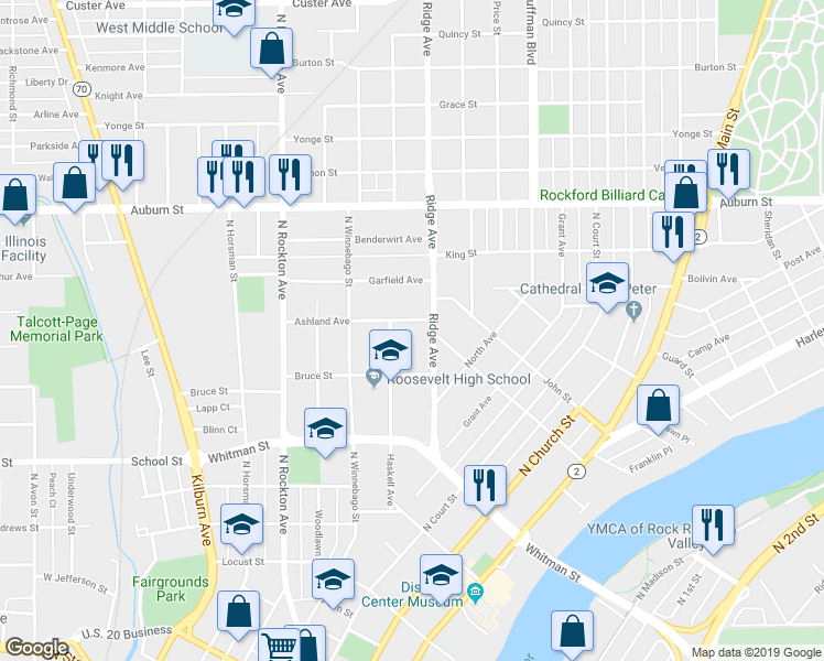 map of restaurants, bars, coffee shops, grocery stores, and more near 1046 Ridge Avenue in Rockford
