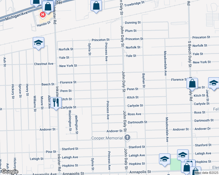 map of restaurants, bars, coffee shops, grocery stores, and more near 26742 Penn Street in Inkster