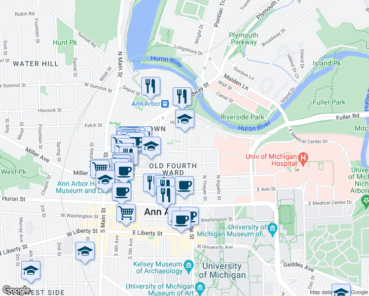 map of restaurants, bars, coffee shops, grocery stores, and more near 530 Elizabeth Street in Ann Arbor