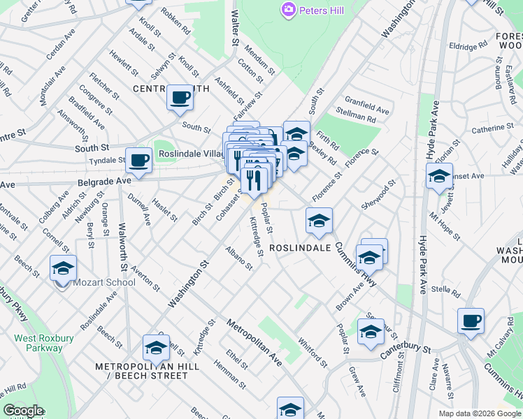map of restaurants, bars, coffee shops, grocery stores, and more near 79 Poplar Street in Boston