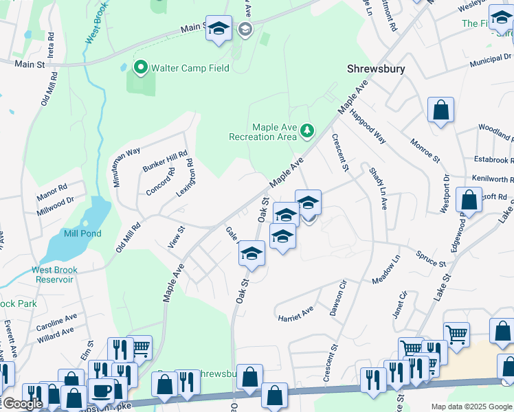 map of restaurants, bars, coffee shops, grocery stores, and more near 207 Maple Avenue in Shrewsbury