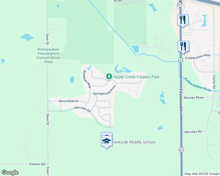 map of restaurants, bars, coffee shops, grocery stores, and more near 255 Springwood Drive in Woodstock