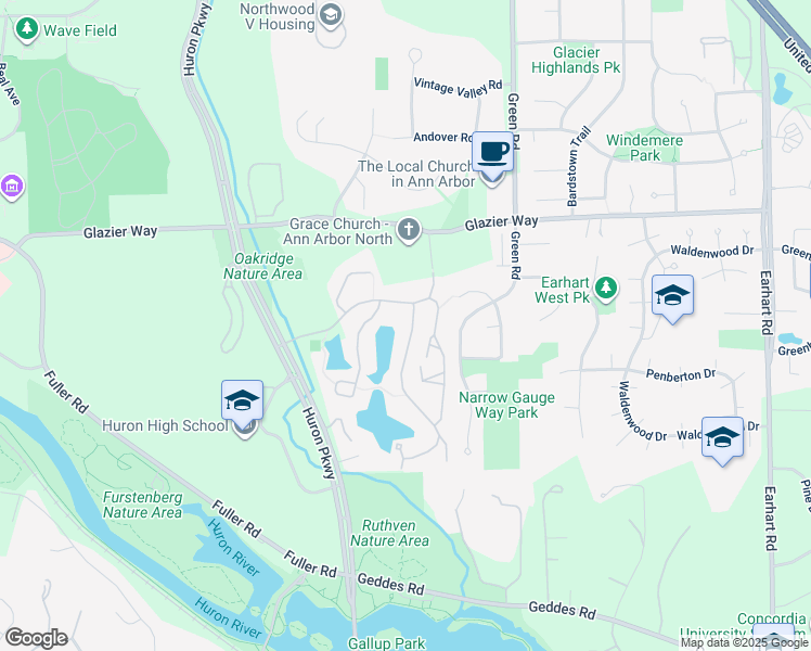 map of restaurants, bars, coffee shops, grocery stores, and more near 789 Watersedge Drive in Ann Arbor