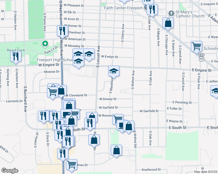 map of restaurants, bars, coffee shops, grocery stores, and more near 1426 South Blackhawk Avenue in Freeport