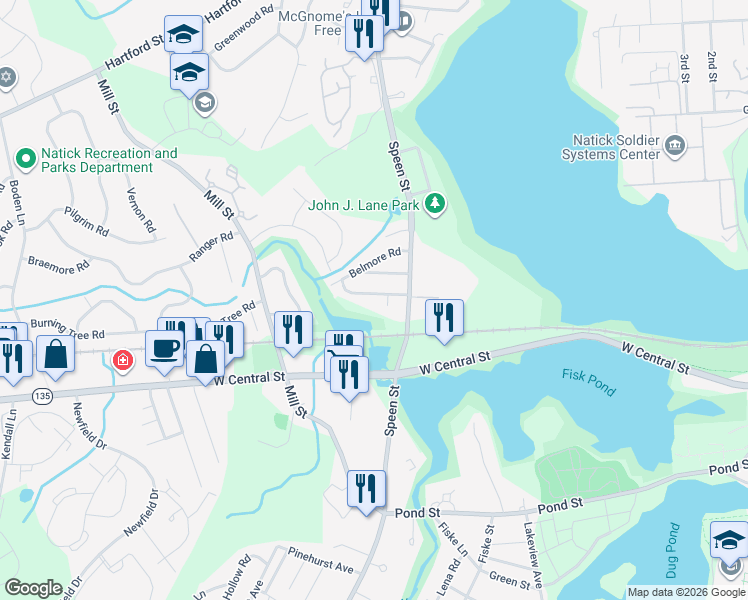 map of restaurants, bars, coffee shops, grocery stores, and more near 20 Edwards Road in Natick