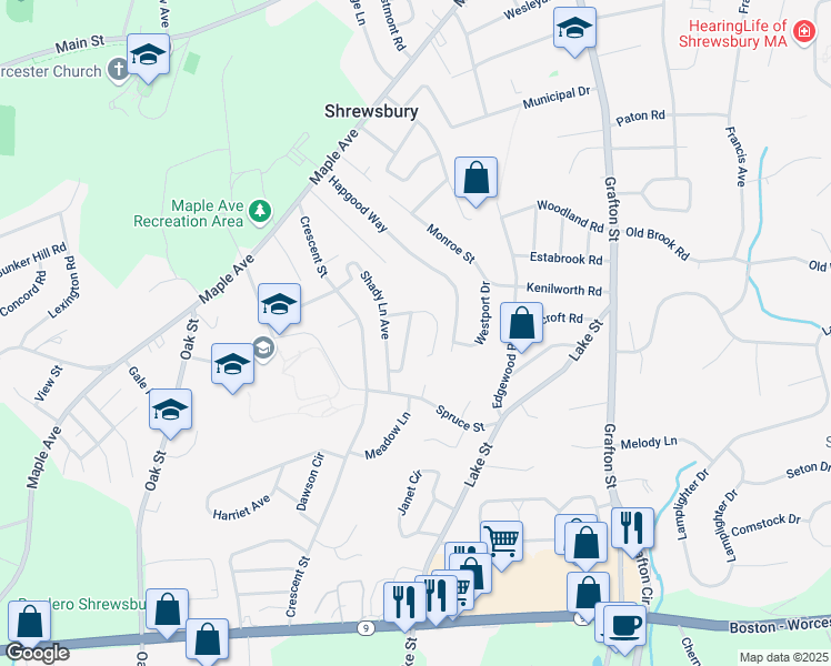 map of restaurants, bars, coffee shops, grocery stores, and more near 24 Bellridge Drive in Shrewsbury