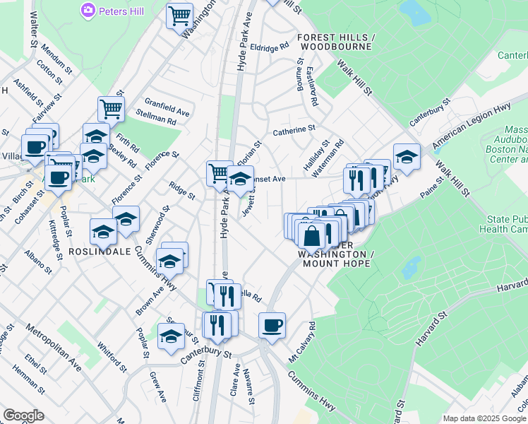 map of restaurants, bars, coffee shops, grocery stores, and more near 33 Sammett Avenue in Boston