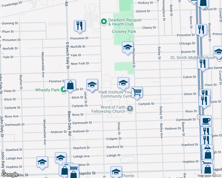 map of restaurants, bars, coffee shops, grocery stores, and more near 3520 Heritage Parkway in Dearborn