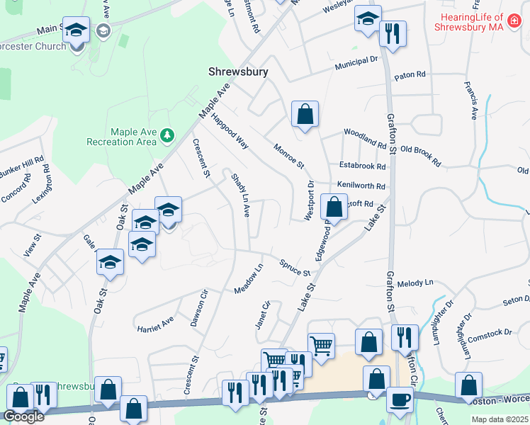 map of restaurants, bars, coffee shops, grocery stores, and more near 24 Bellridge Drive in Shrewsbury