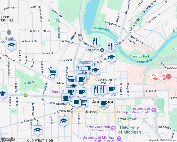 map of restaurants, bars, coffee shops, grocery stores, and more near 502 North 5th Avenue in Ann Arbor