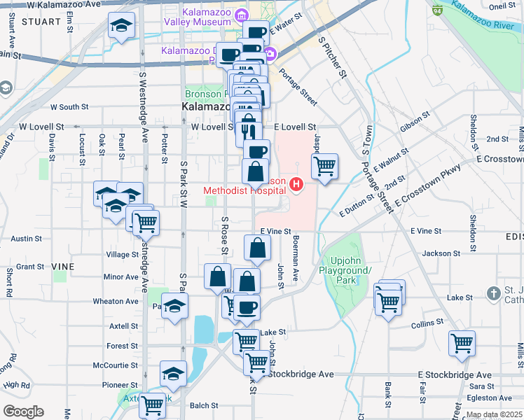 map of restaurants, bars, coffee shops, grocery stores, and more near 130 East Dutton Street in Kalamazoo