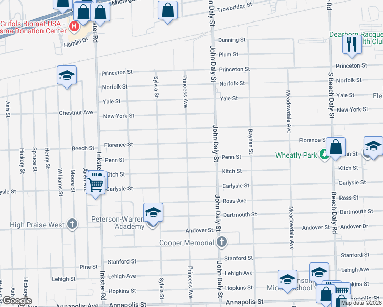 map of restaurants, bars, coffee shops, grocery stores, and more near 26820 Penn Street in Inkster