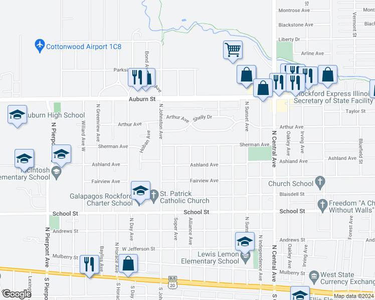 map of restaurants, bars, coffee shops, grocery stores, and more near 828 Alliance Avenue in Rockford