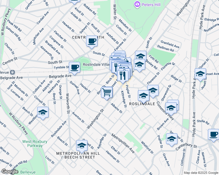 map of restaurants, bars, coffee shops, grocery stores, and more near 47 Cohasset Street in Boston