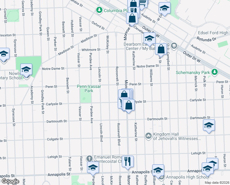 map of restaurants, bars, coffee shops, grocery stores, and more near 3552 Roosevelt Street in Dearborn