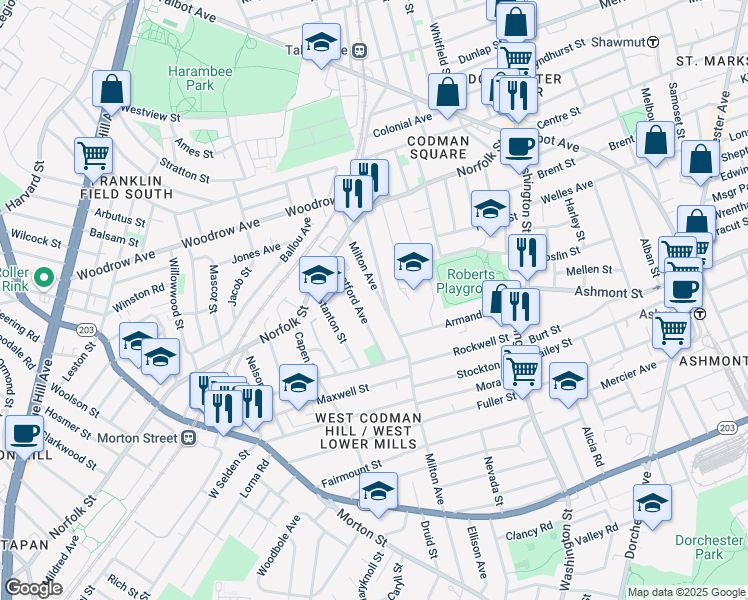 map of restaurants, bars, coffee shops, grocery stores, and more near 49 Milton Avenue in Boston