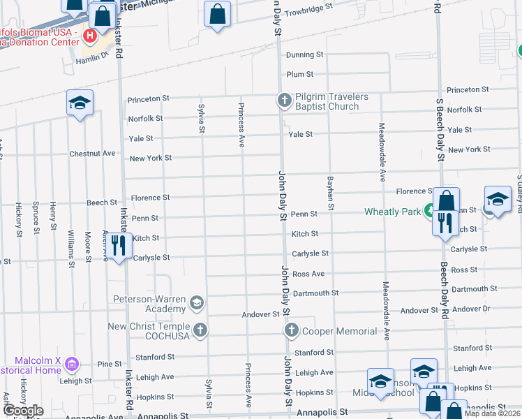 map of restaurants, bars, coffee shops, grocery stores, and more near 26656 Penn Street in Inkster