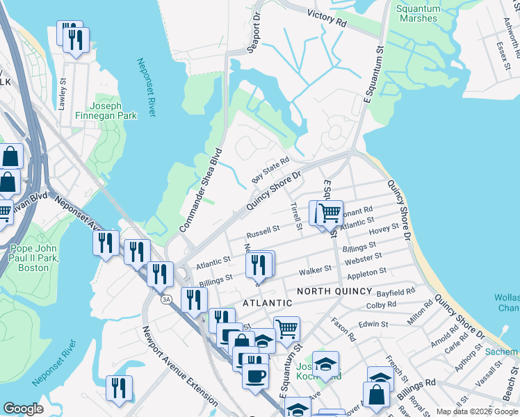 map of restaurants, bars, coffee shops, grocery stores, and more near 165 Quincy Shore Drive in Quincy