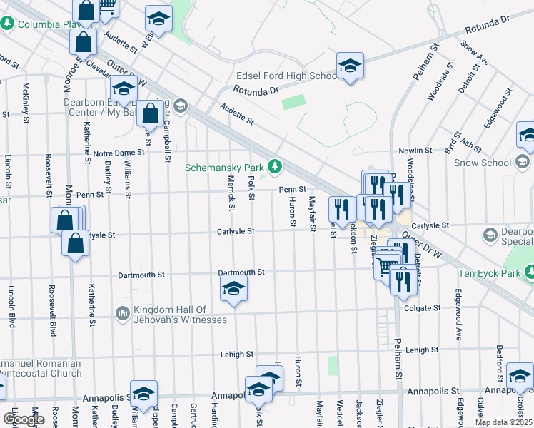 map of restaurants, bars, coffee shops, grocery stores, and more near 3614 Hipp Street in Dearborn