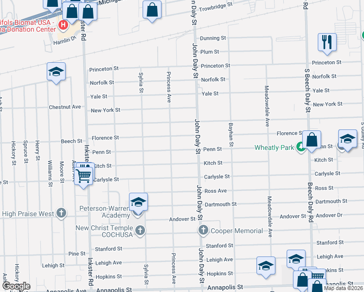 map of restaurants, bars, coffee shops, grocery stores, and more near 26656 Penn Street in Inkster