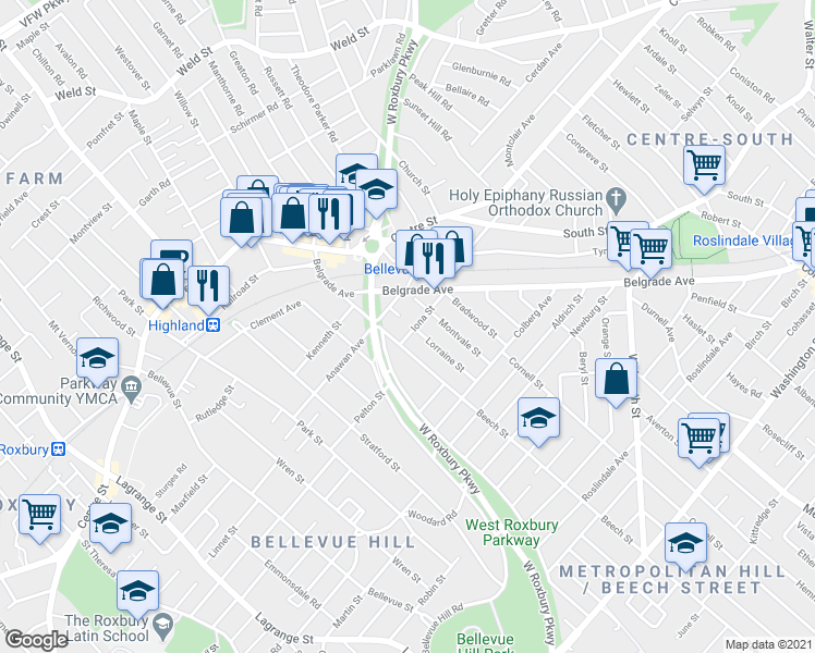 map of restaurants, bars, coffee shops, grocery stores, and more near 31 Iona Street in Boston