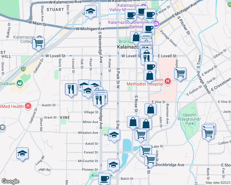 map of restaurants, bars, coffee shops, grocery stores, and more near 409 West Dutton Street in Kalamazoo