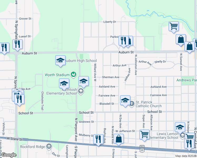 map of restaurants, bars, coffee shops, grocery stores, and more near 2916 Sherman Avenue in Rockford