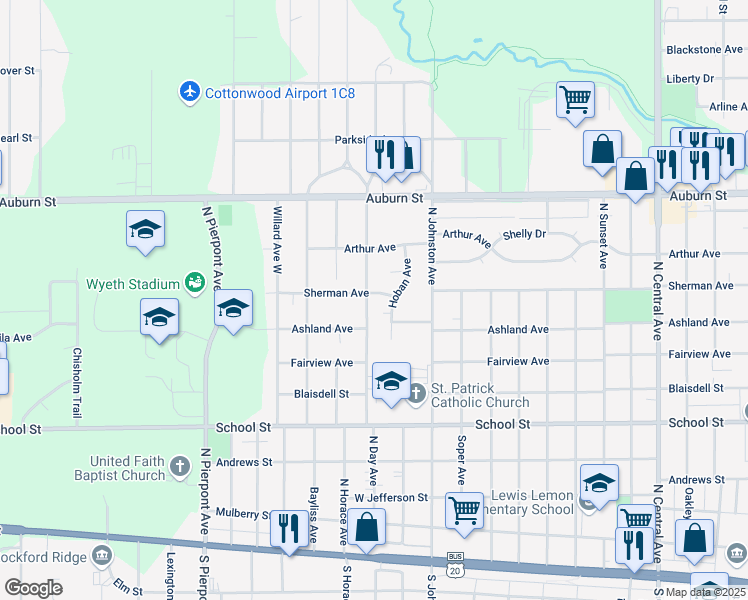 map of restaurants, bars, coffee shops, grocery stores, and more near 2616 Sherman Avenue in Rockford