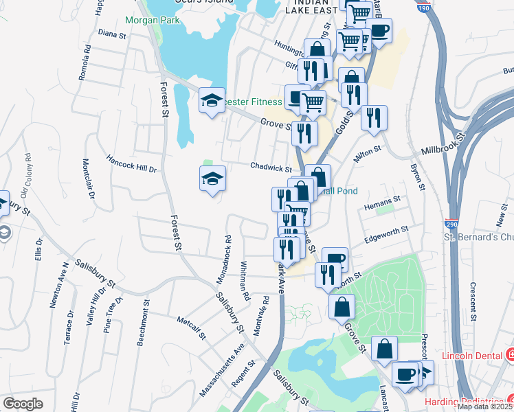 map of restaurants, bars, coffee shops, grocery stores, and more near 6 Park Avenue in Worcester