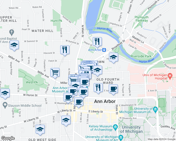 map of restaurants, bars, coffee shops, grocery stores, and more near 501 North 5th Avenue in Ann Arbor