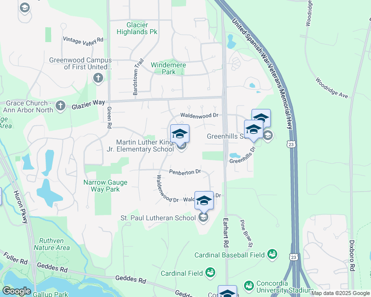 map of restaurants, bars, coffee shops, grocery stores, and more near 3800 Waldenwood Drive in Ann Arbor