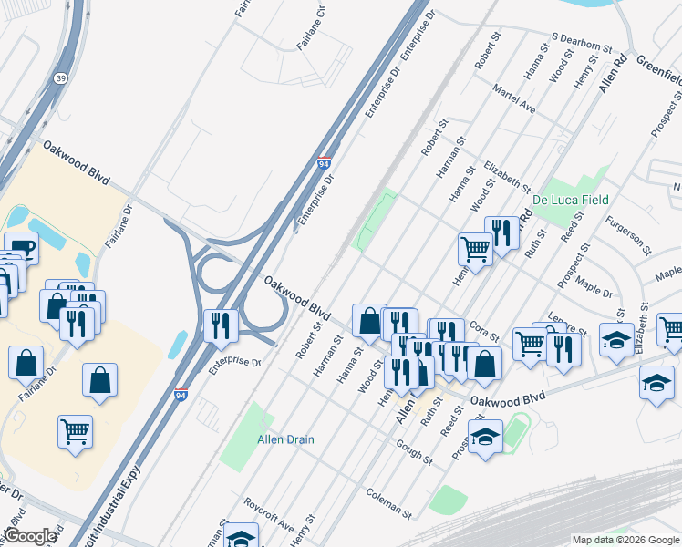map of restaurants, bars, coffee shops, grocery stores, and more near 18250 Robert Street in Melvindale