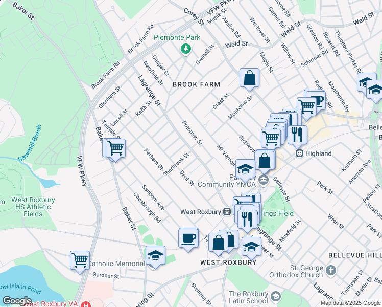 map of restaurants, bars, coffee shops, grocery stores, and more near 560 Lagrange Street in Boston