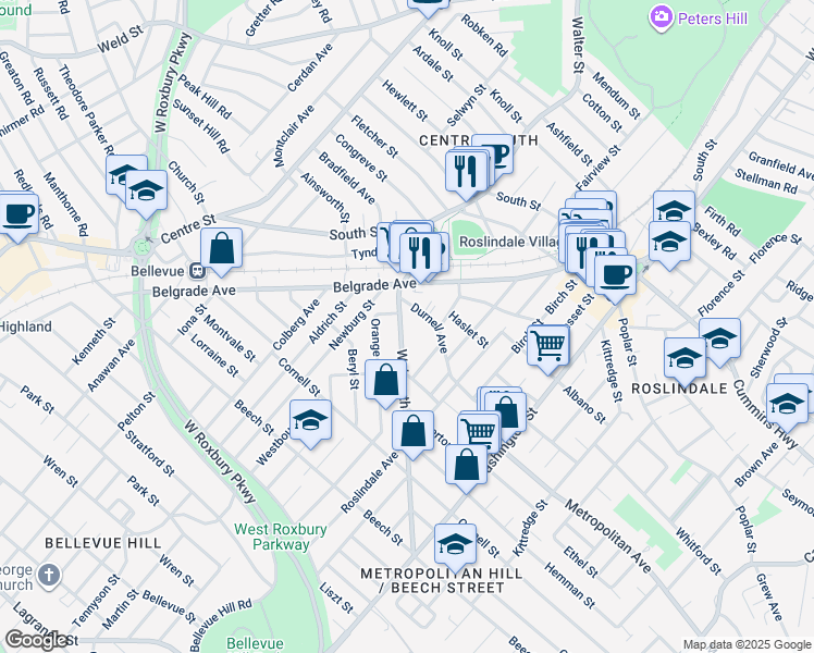 map of restaurants, bars, coffee shops, grocery stores, and more near 72 Walworth Street in Boston