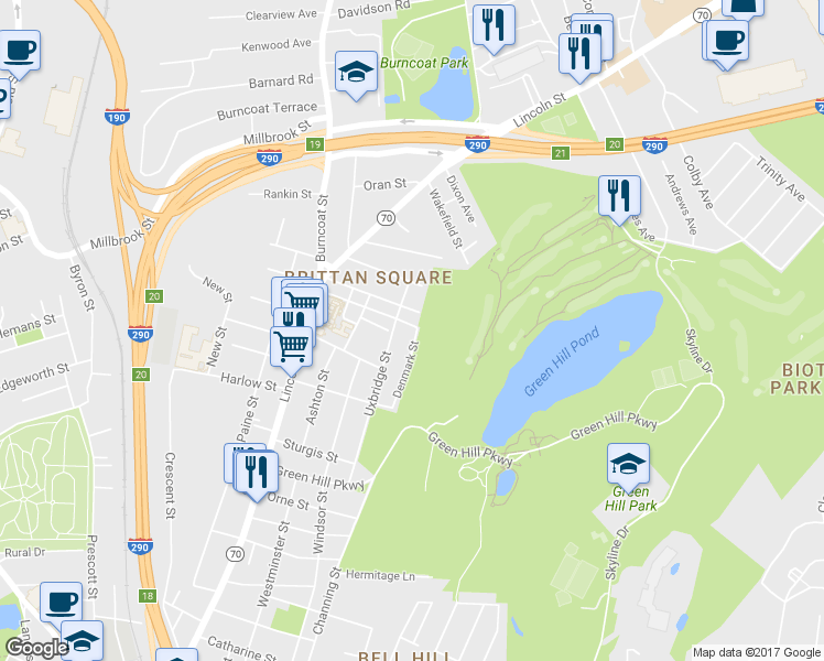 map of restaurants, bars, coffee shops, grocery stores, and more near 53 Denmark Street in Worcester