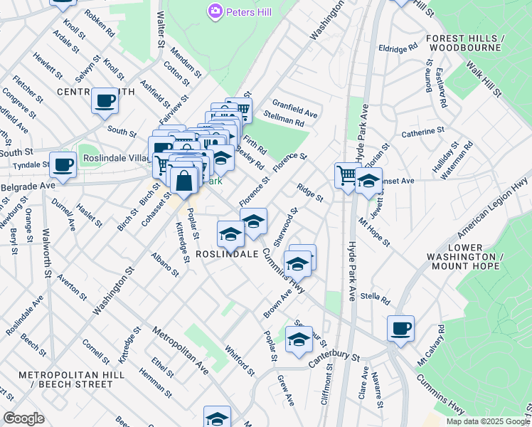 map of restaurants, bars, coffee shops, grocery stores, and more near 121 Sycamore Street in Boston