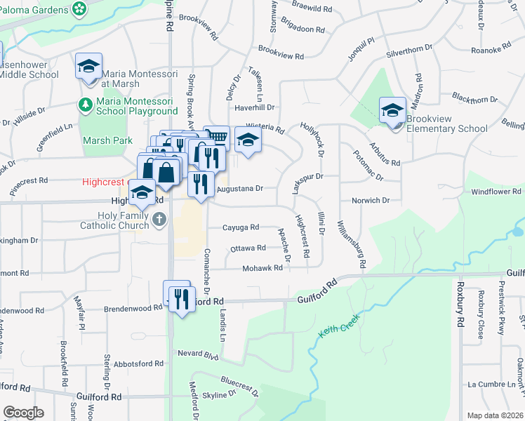 map of restaurants, bars, coffee shops, grocery stores, and more near 4807 Highcrest Road in Rockford